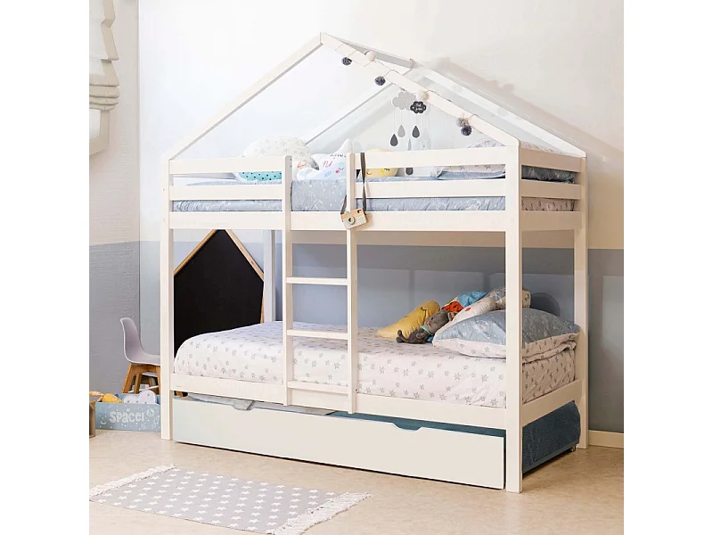 Huisvormig stapelbed + verhoogd bed van wit hout 90x190/90x190cm