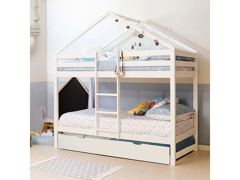 Huisvormig stapelbed + verhoogd bed van wit hout 90x190/90x190cm