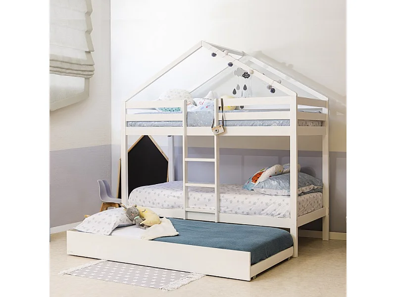 Huisvormig stapelbed + verhoogd bed van wit hout 90x190/90x190cm