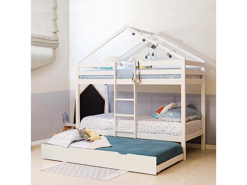 Huisvormig stapelbed + verhoogd bed van wit hout 90x190/90x190cm