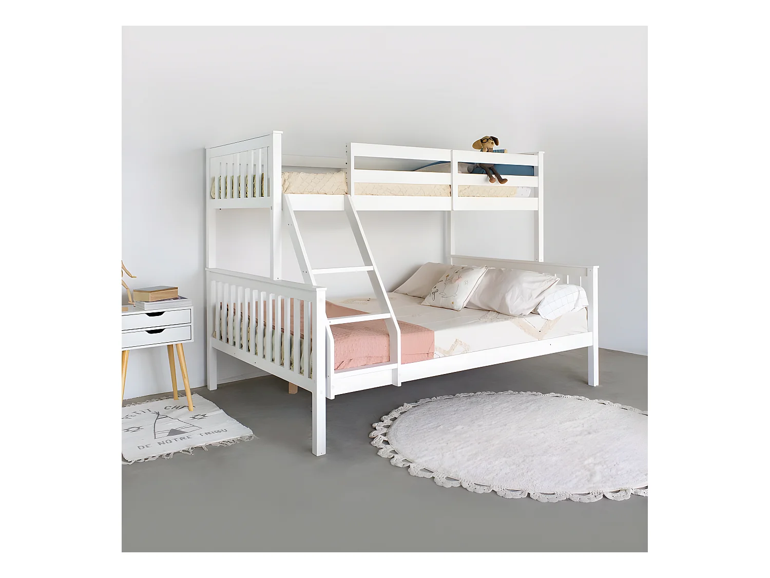 Letto a castello + letto apribile triplo bianco legno 135 cm