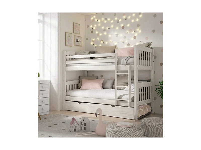 Etagenbett + Ausziehbett mit Beine Holz weiß decapé 90x190cm