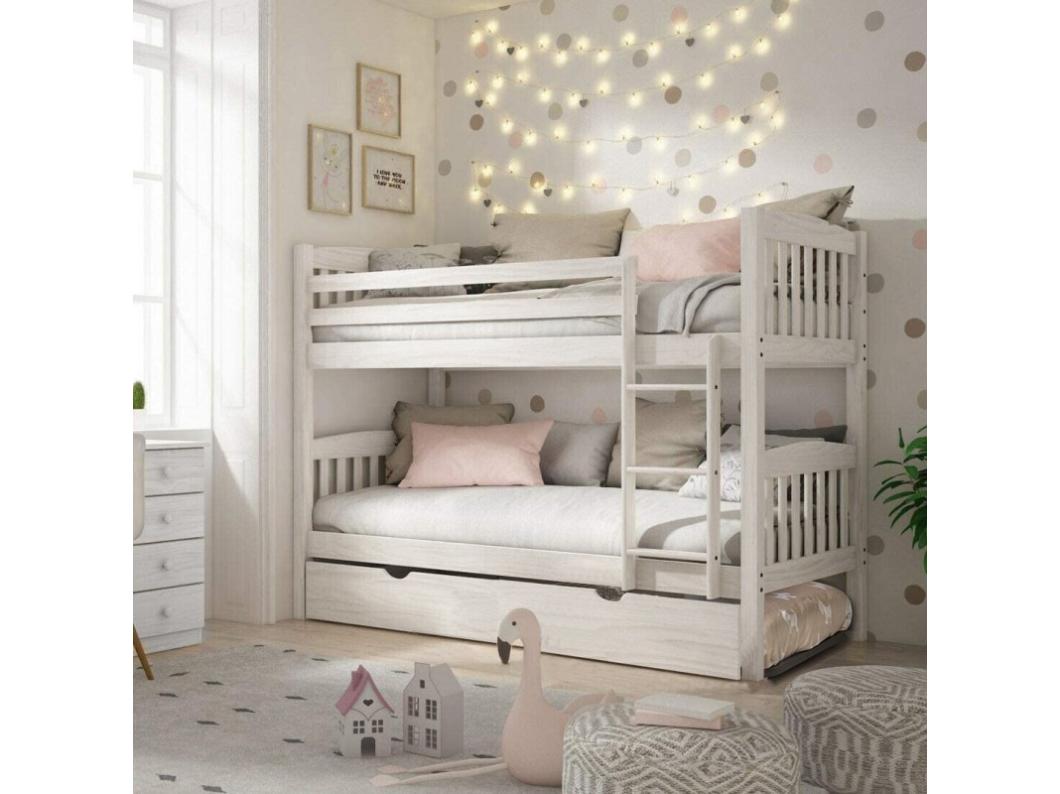 Litera + cama elevable madera blanco decapé 90x190cm