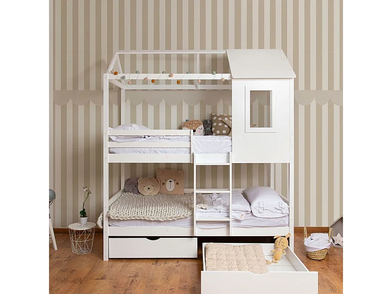 Stapelbed + hefbaar onderschuifbed hout wit 90x190/90x190cm