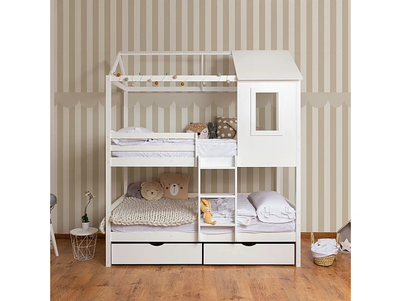 Stapelbed + hefbaar onderschuifbed hout wit 90x190/90x190cm