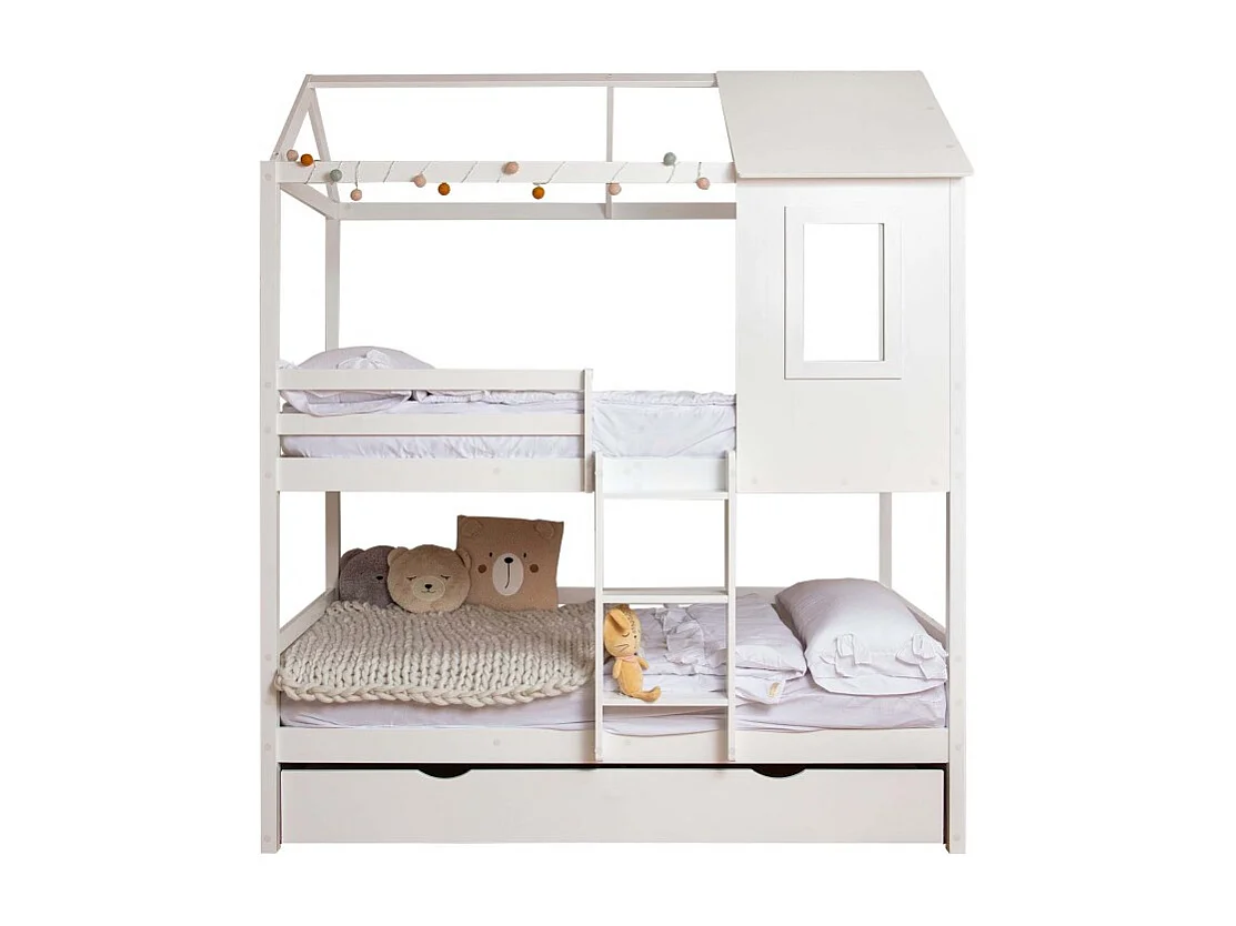 Stapelbed + hefbaar onderschuifbed hout wit 90x190/90x190cm