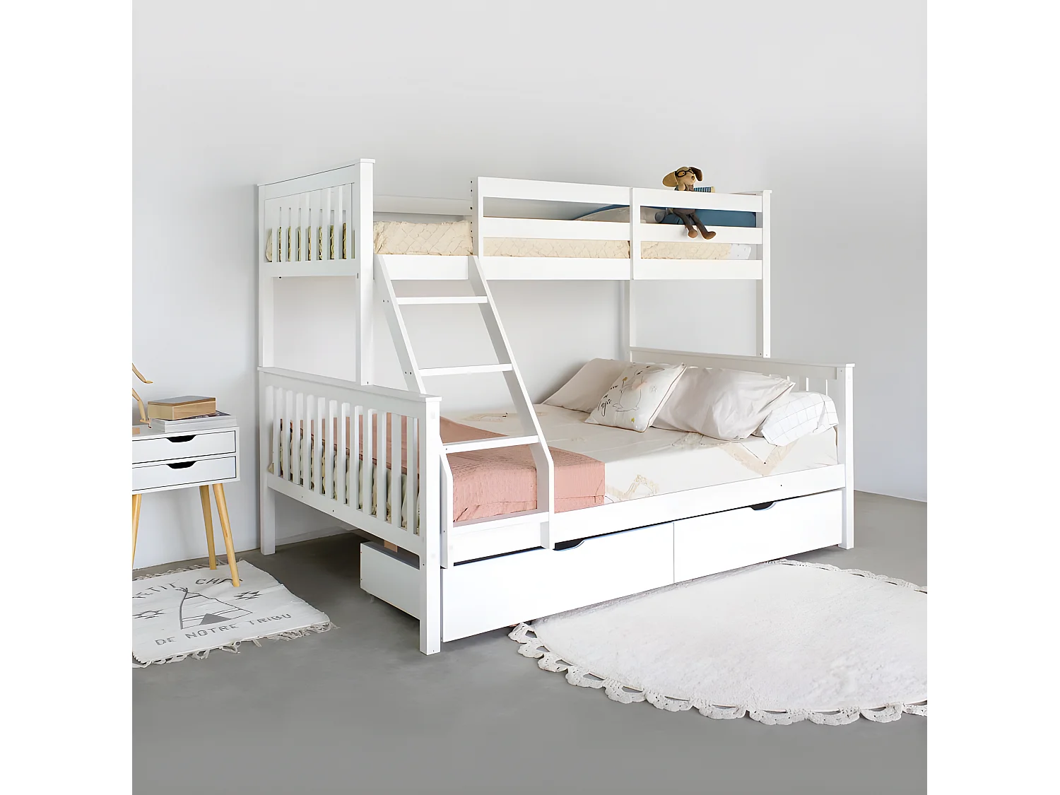 Letto a castello + 2 cassetti legno triplo bianco legno 135 cm