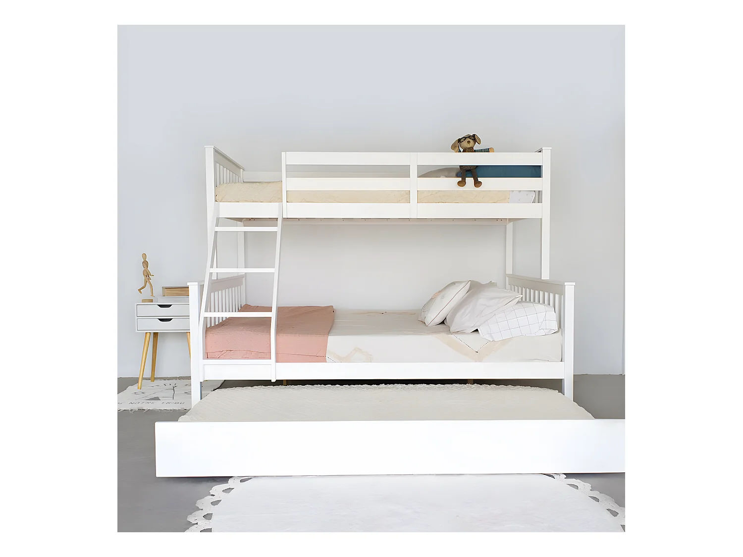 Letto a castello + 2 cassetti legno triplo bianco legno 135 cm