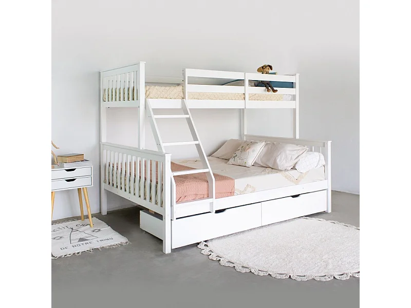 Lit superposé triple + 2 tiroirs bois bois blanc 135 cm