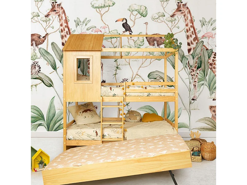 Stapelbed + hefbaar onderschuifbed hout grenen 90x190/90x190cm