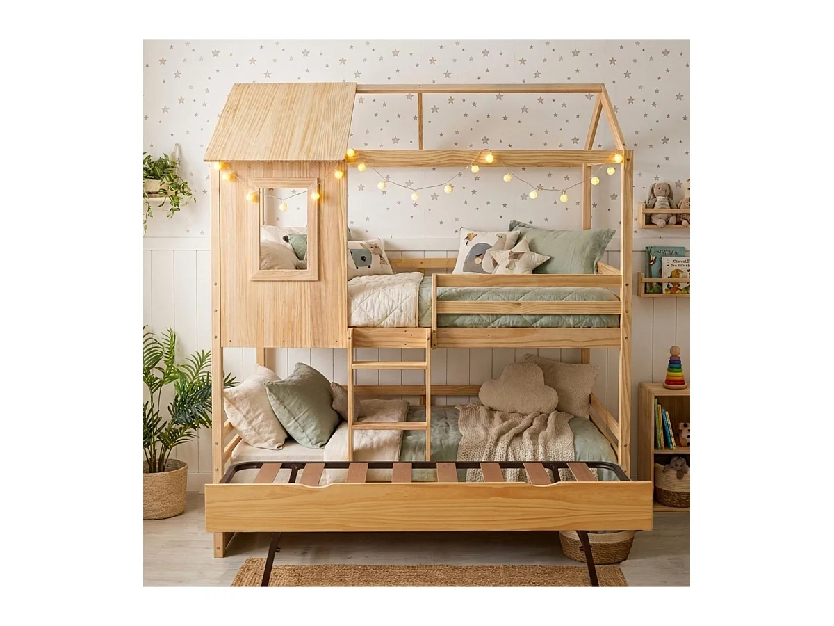 Beliche + cama extraível em madeira pinho 90x190/90x190cm