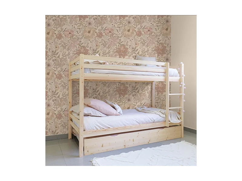 Etagenbett + Ausziehbett mit Beine Holz weiß gewaschen 90x190cm