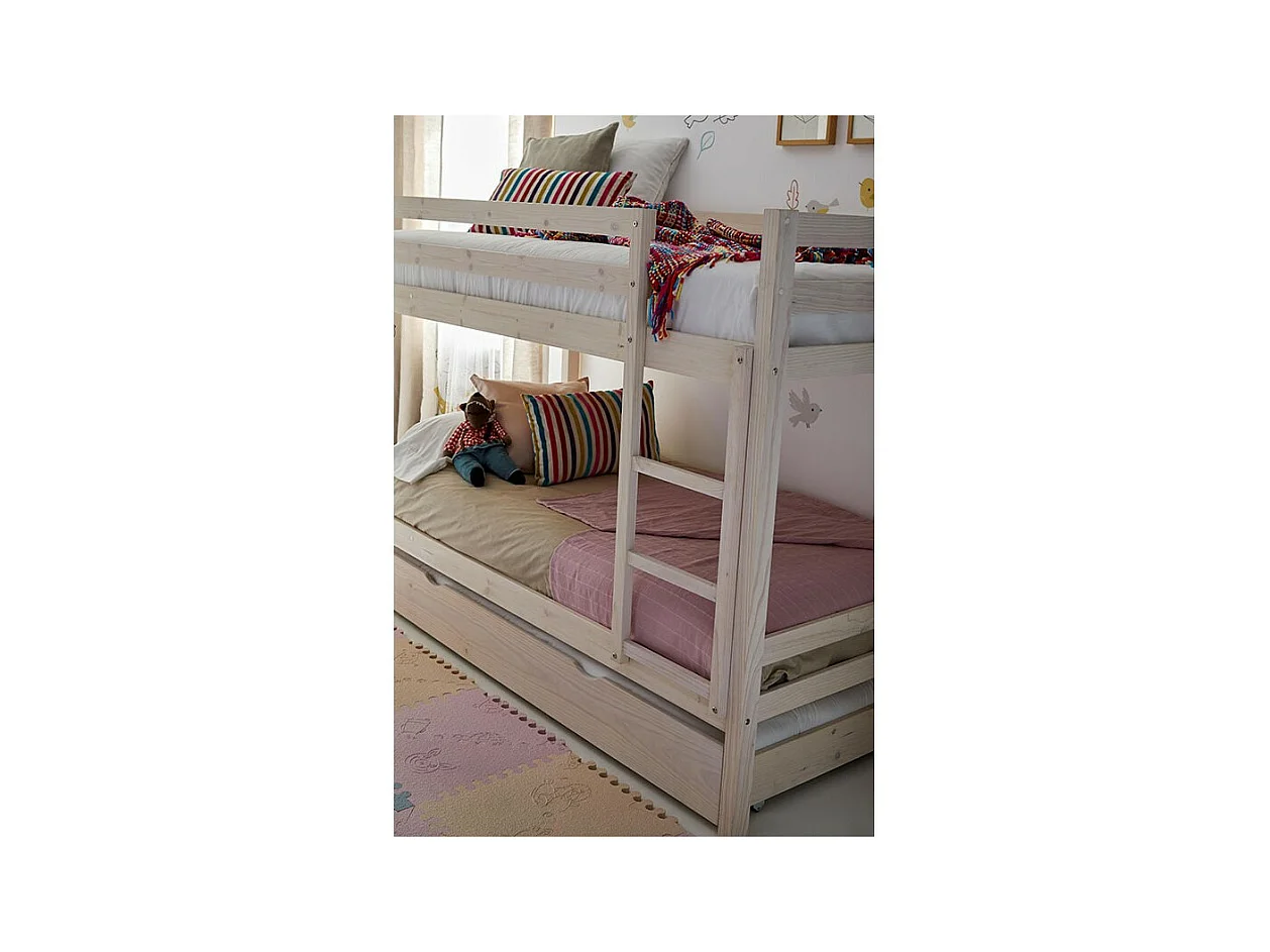 Etagenbett + Ausziehbett mit Beine Holz weiß gewaschen 90x190cm