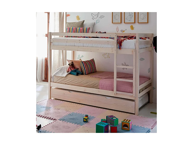 Etagenbett + Ausziehbett mit Beine Holz weiß gewaschen 90x190cm