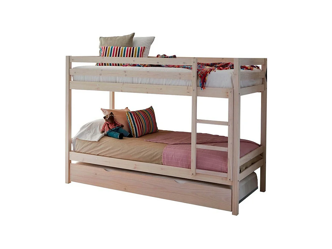 Etagenbett + Ausziehbett mit Beine Holz weiß gewaschen 90x190cm