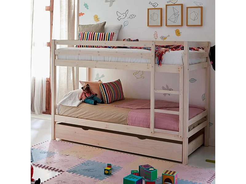 Litera + cama elevable madera blanco lavado 90x190cm