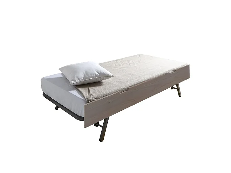 Lit superposé + lit pieds pliants bois marron 90x190cm