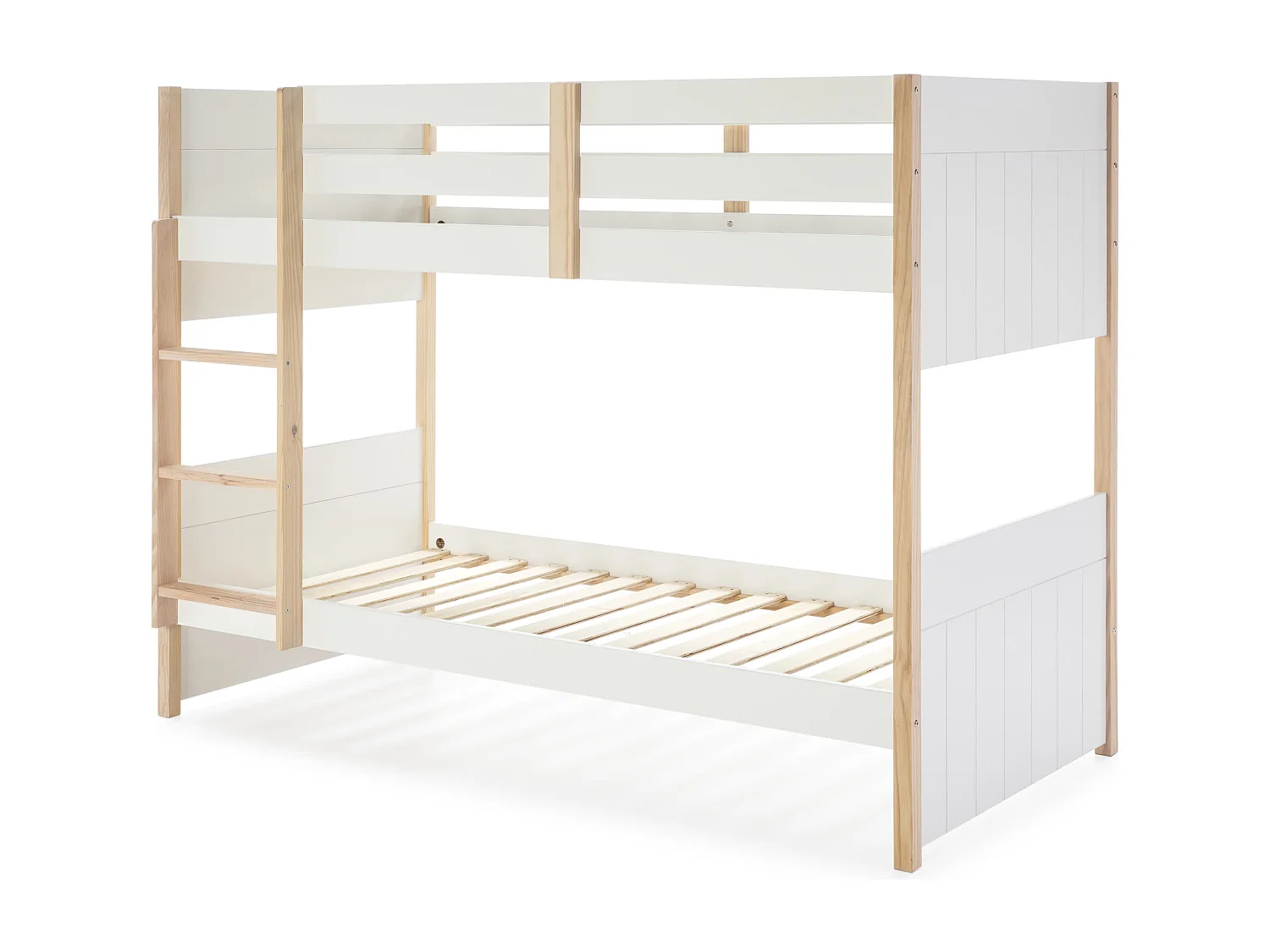 Lits superposés couchages 90x190 cm décor blanc laqué et bois clair - CLÉMENCE