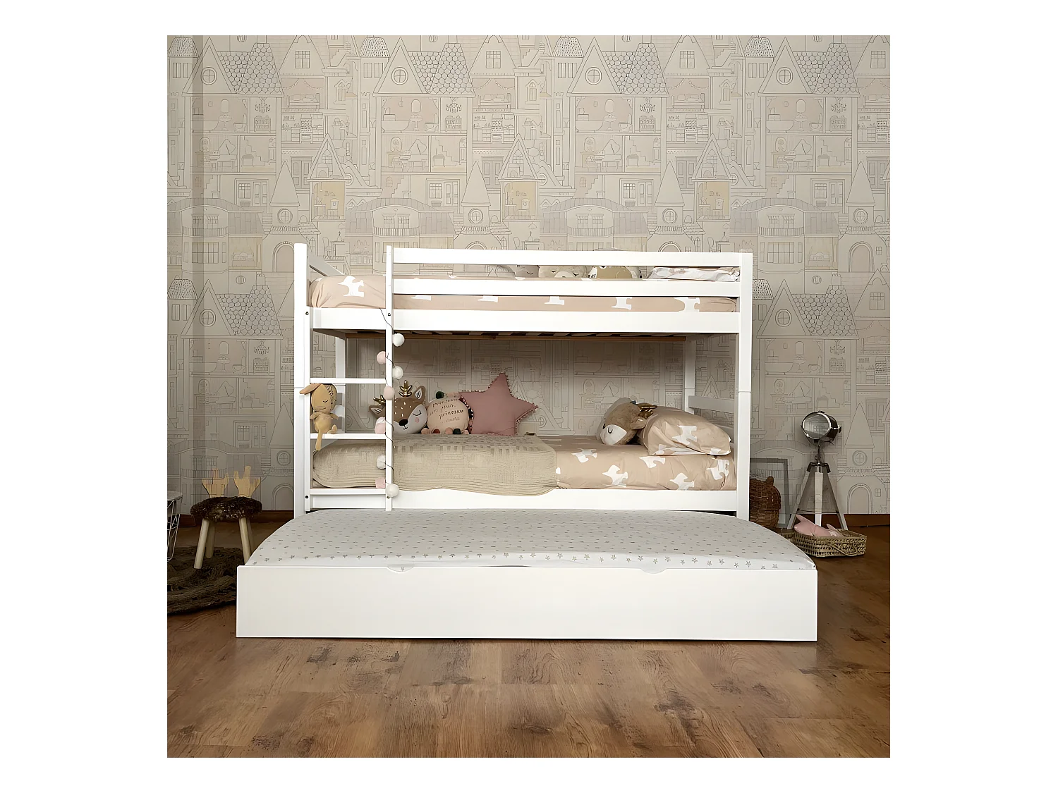 Lit superposé + tiroir de rangement bois blanc 90x195cm