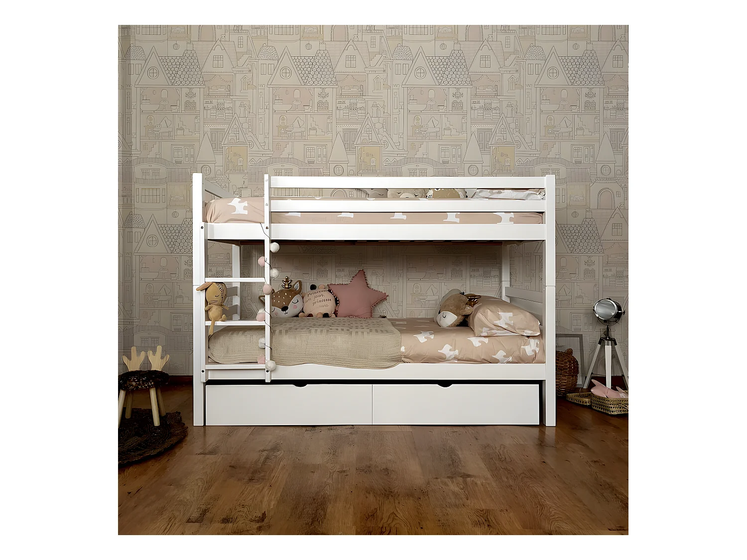 Lit superposé + tiroir de rangement bois blanc 90x195cm