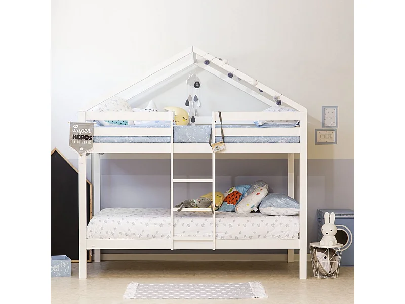 Huisvormig stapelbed van wit hout 90x190/90x190cm