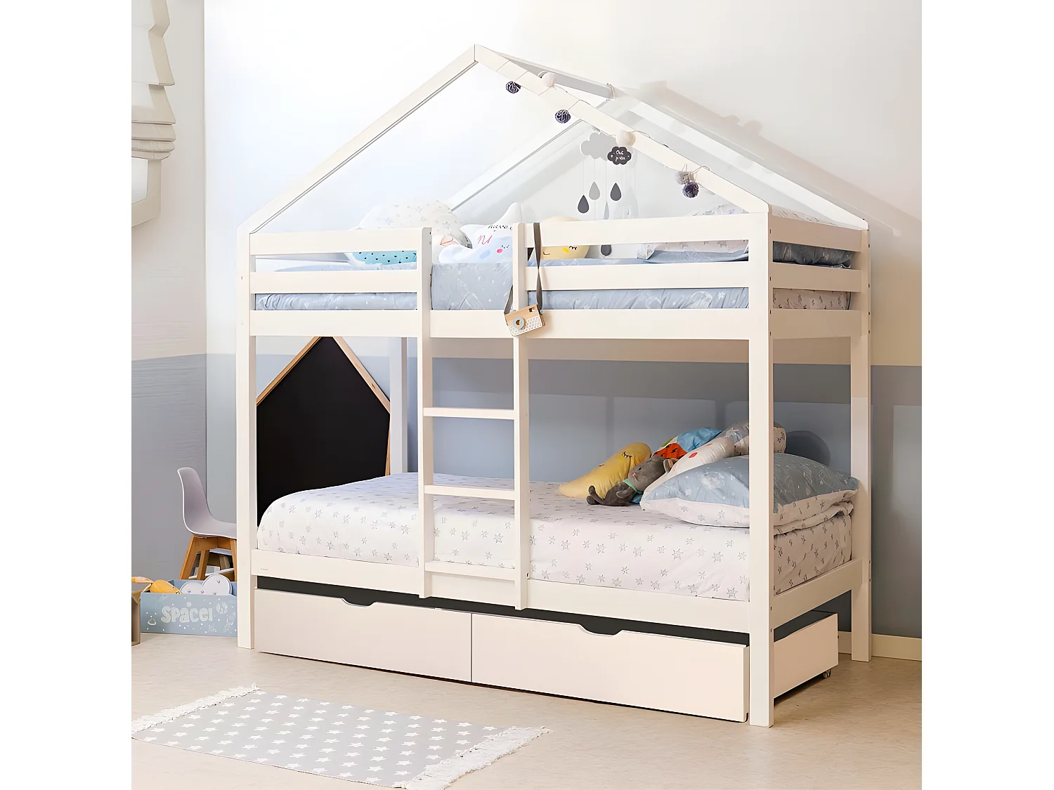 Litera casita + 2 cajones madera blanco 90x190/90x190cm