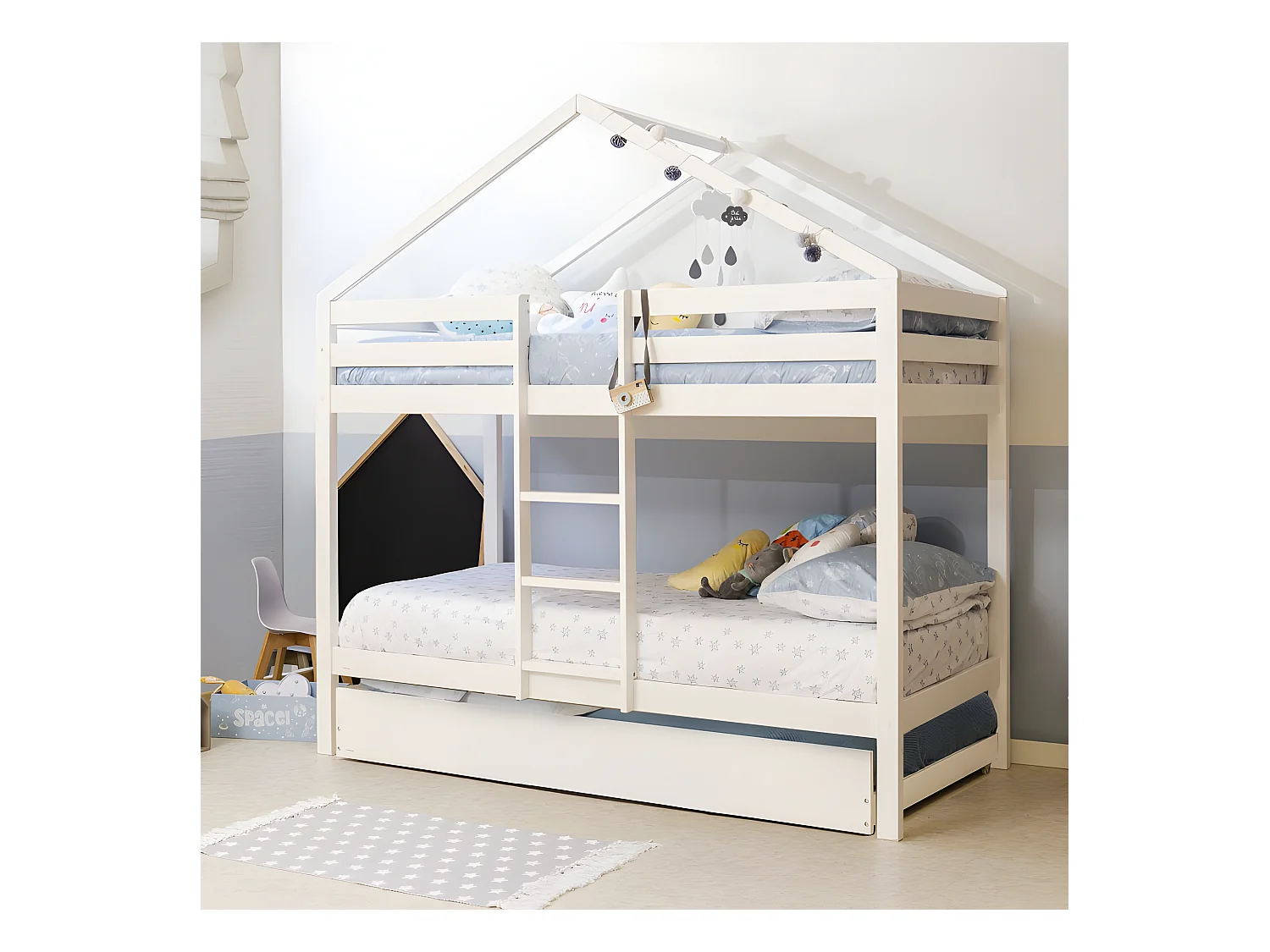 Litera casita + 2 cajones madera blanco 90x190/90x190cm