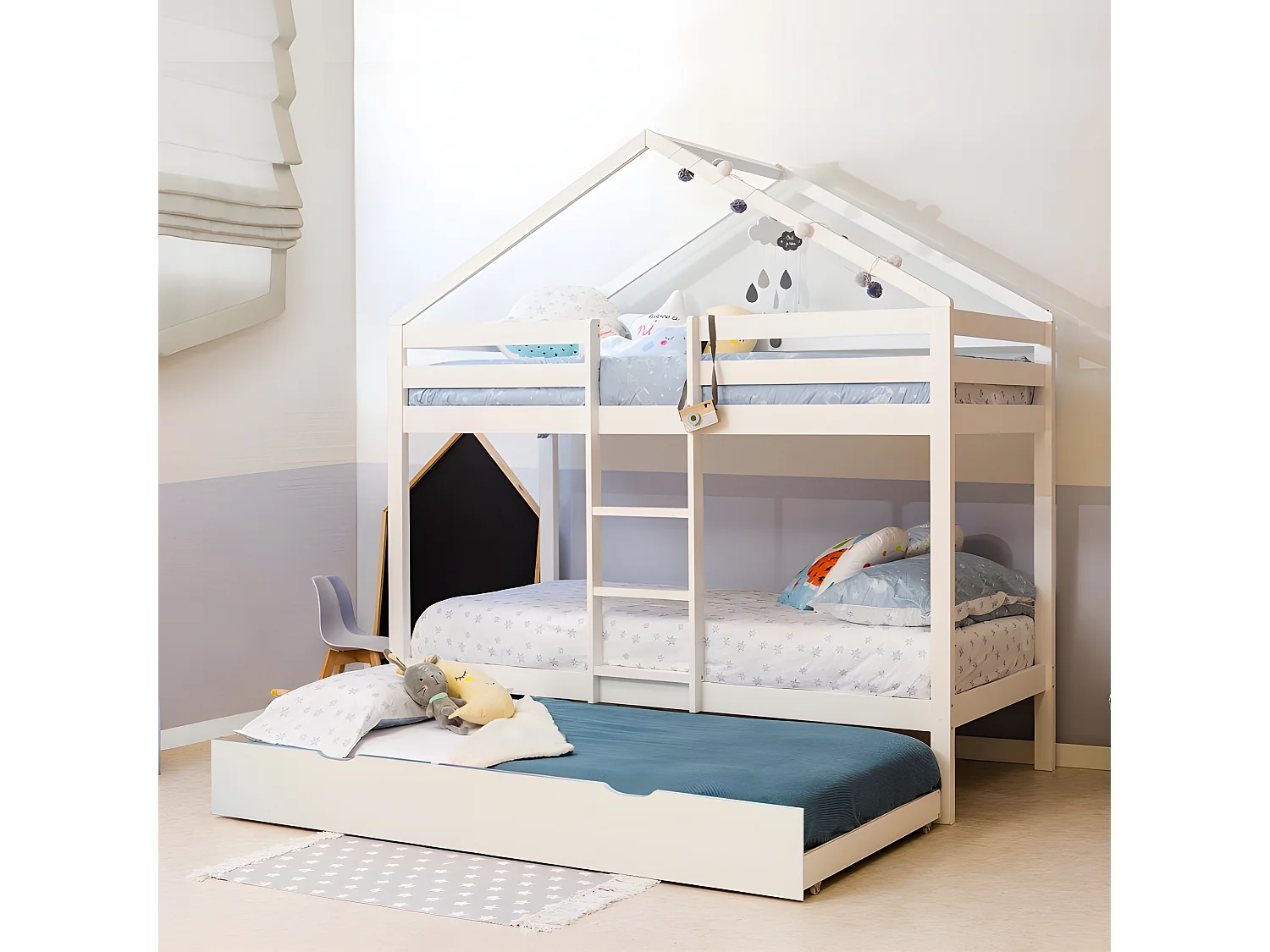 Litera casita + 2 cajones madera blanco 90x190/90x190cm