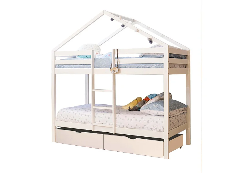 Lit superposé cabane + 2 tiroirs bois blanc 90x190/90x190cm