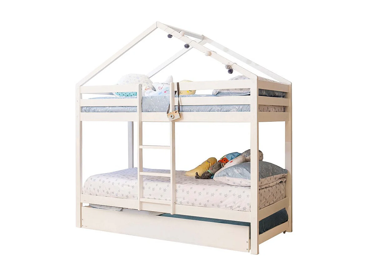 Lit superposé cabane + 2 tiroirs bois blanc 90x190/90x190cm