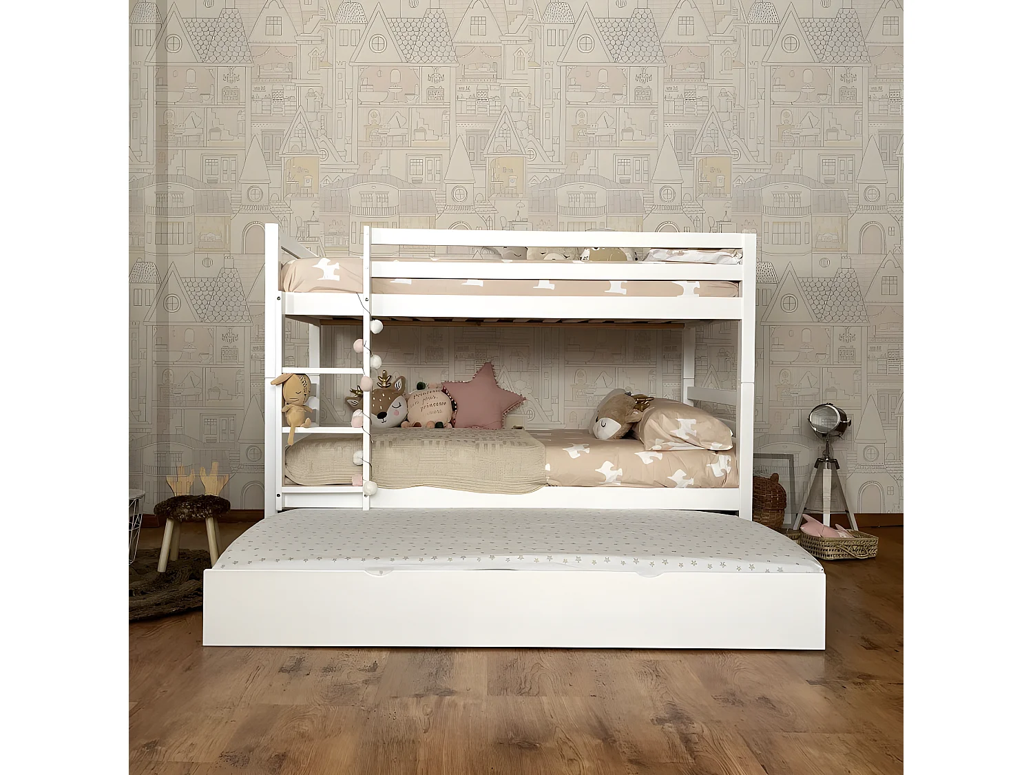 Etagenbett + Ausziehbett weiß Holz 90x195cm