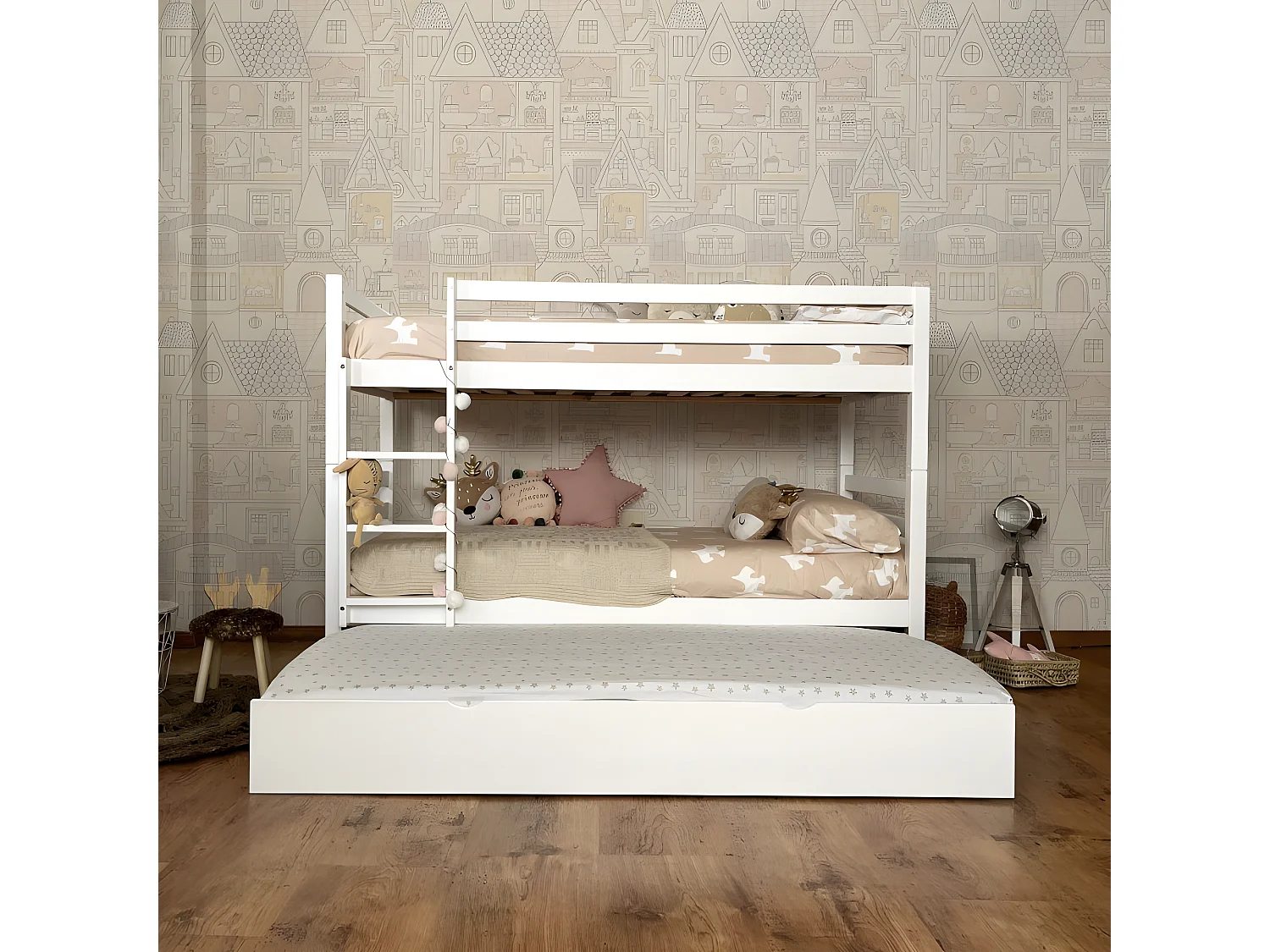 Etagenbett + Ausziehbett weiß Holz 90x195cm