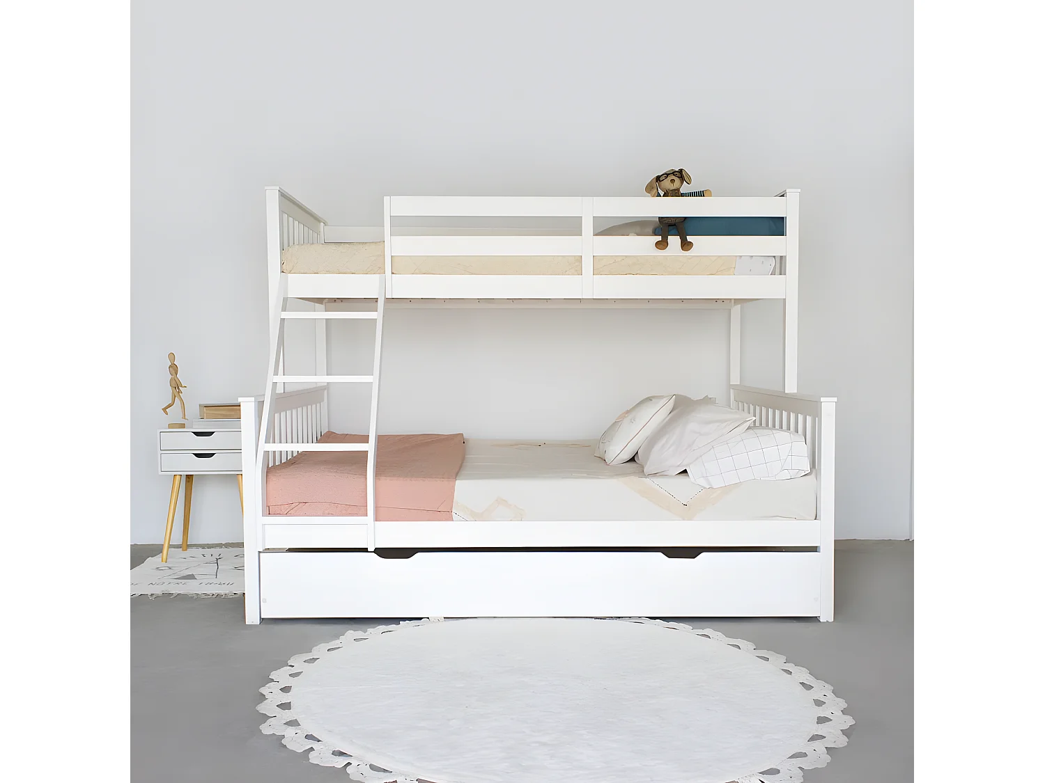 Etagenbett dreifach + Schublade Holz weiß 135 cm