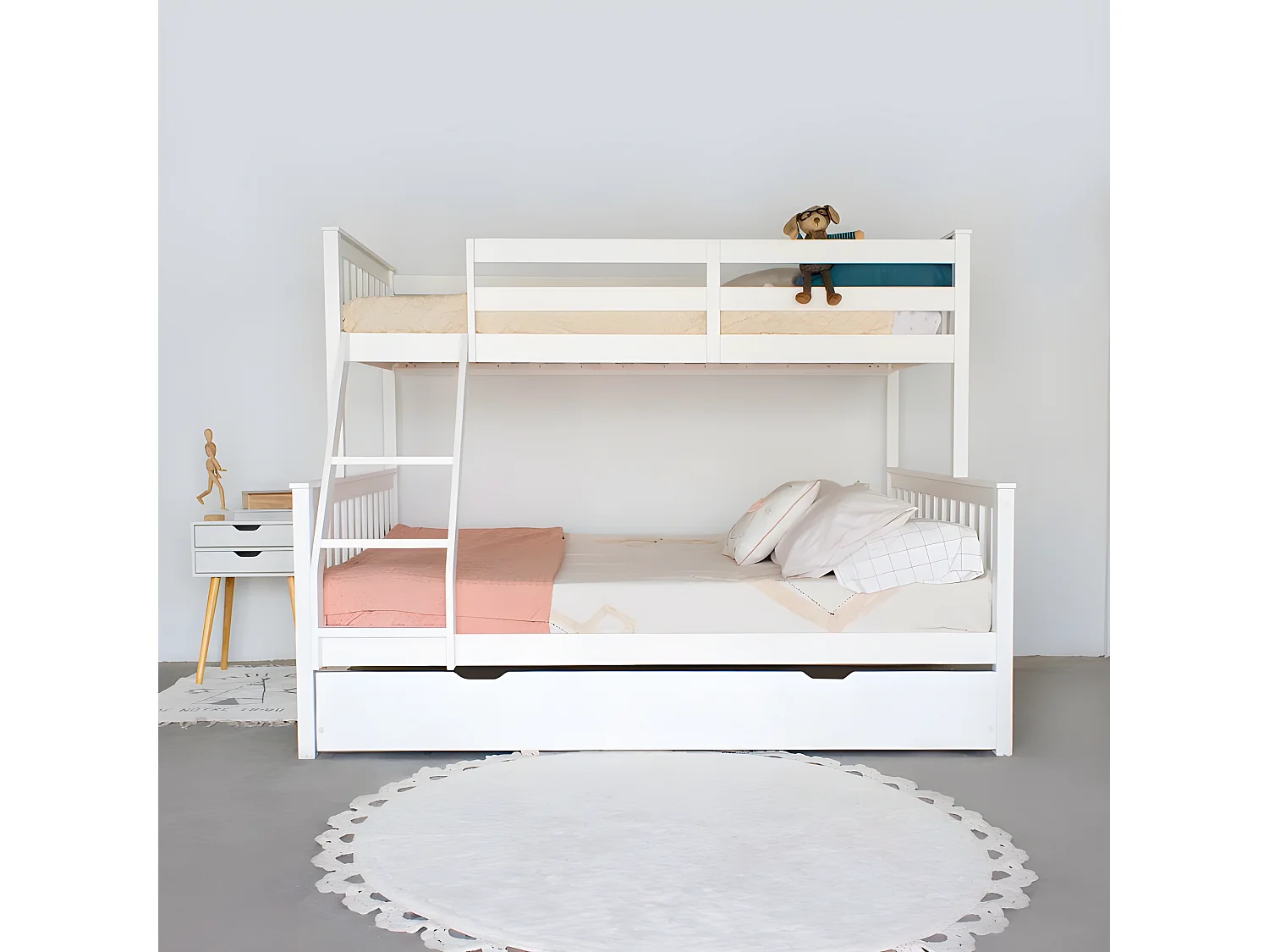 Etagenbett dreifach + Schublade Holz weiß 135 cm