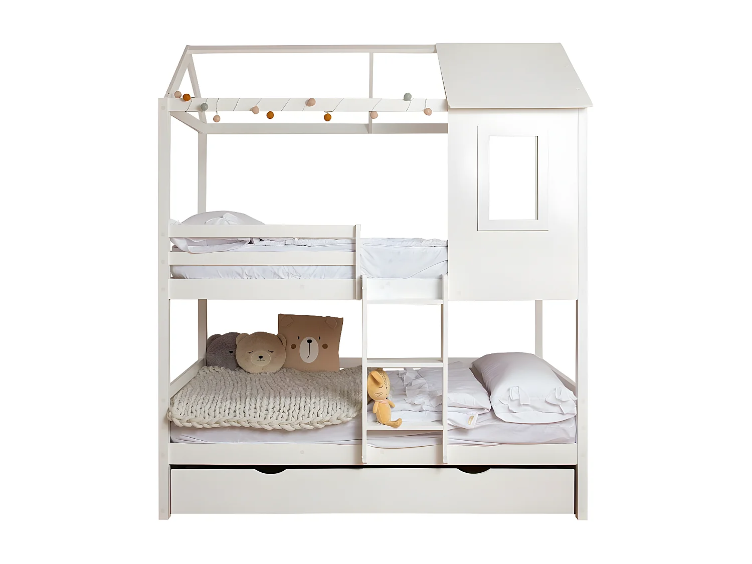 Etagenbett + Ausziehbett mit Beine 105cm Holz weiß 105x190/105x190cm