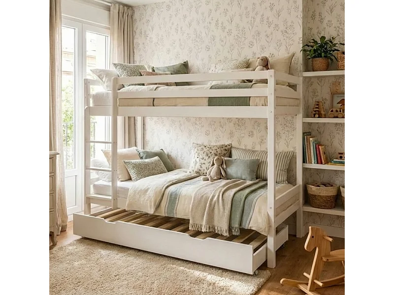 Stapelbed + uitschuifbed hout wit 90x190/90x190 cm