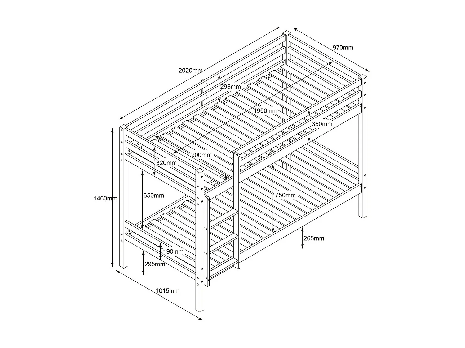 Stapelbed + 2 lades hout wit 90x190/90x190 cm