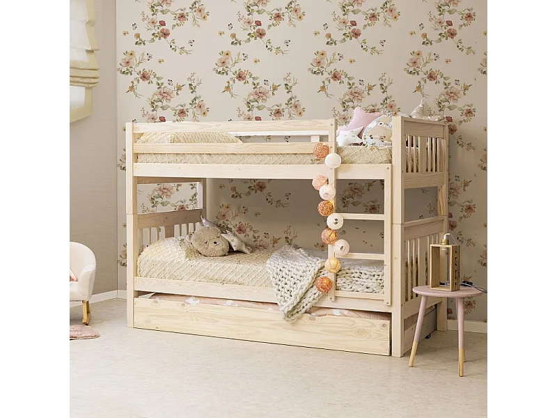 Etagenbett + Ausziehbett Holz weiß gewaschen 90x190cm