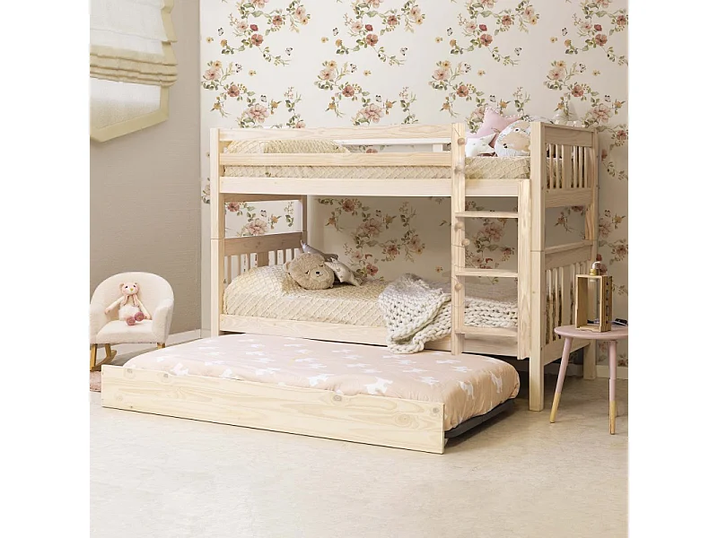 Stapelbed + onderschuifbed hout witgewassen 90x190cm