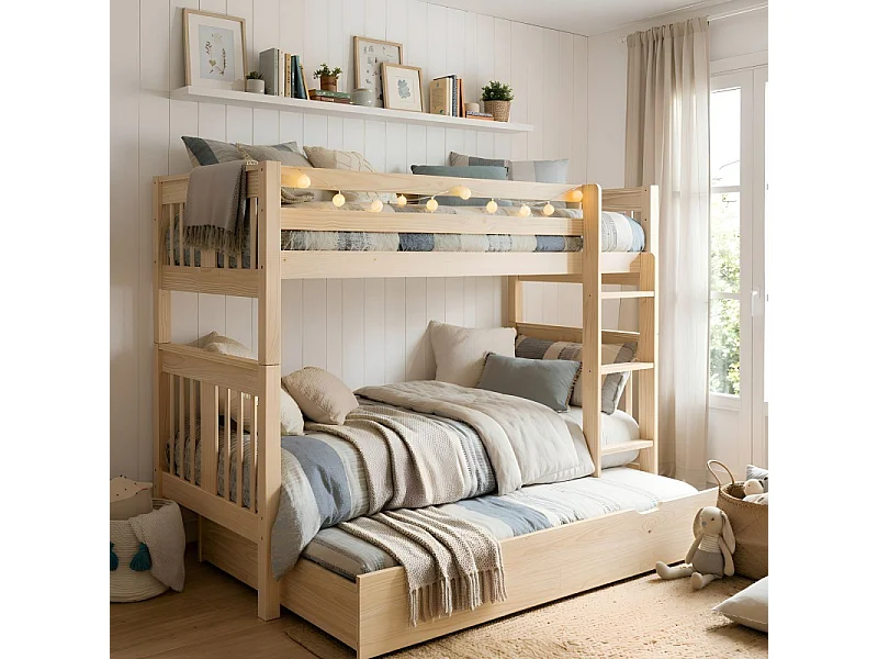 Beliche + cama extraível madeira branca lavada 90x190cm
