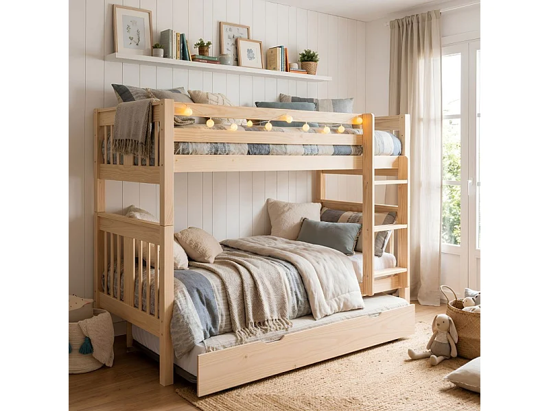 Beliche + cama extraível madeira branca lavada 90x190cm