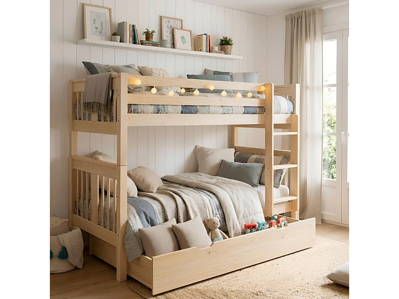 Lit superposé + tiroir de rangement en bois blanc lavé  90x190cm