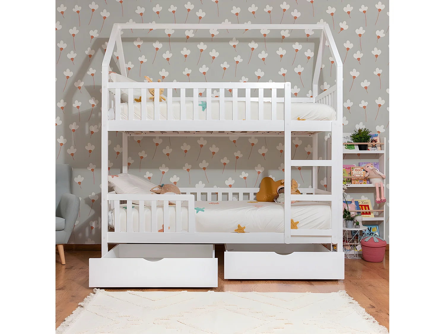 Etagenbett Häuschene + Ausziehbett Holz weiß 90x190/90x190cm