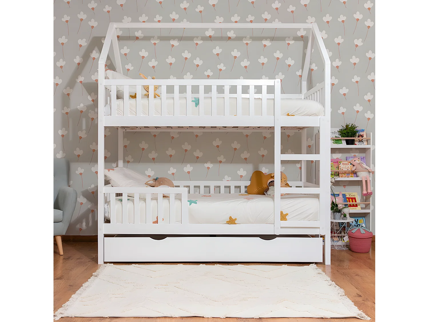 Etagenbett Häuschene + Ausziehbett Holz weiß 90x190/90x190cm