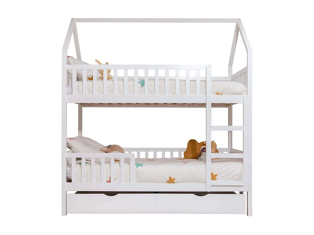 Huisjesstapelbed + onderschuifbed hout wit 90x190/90x190cm