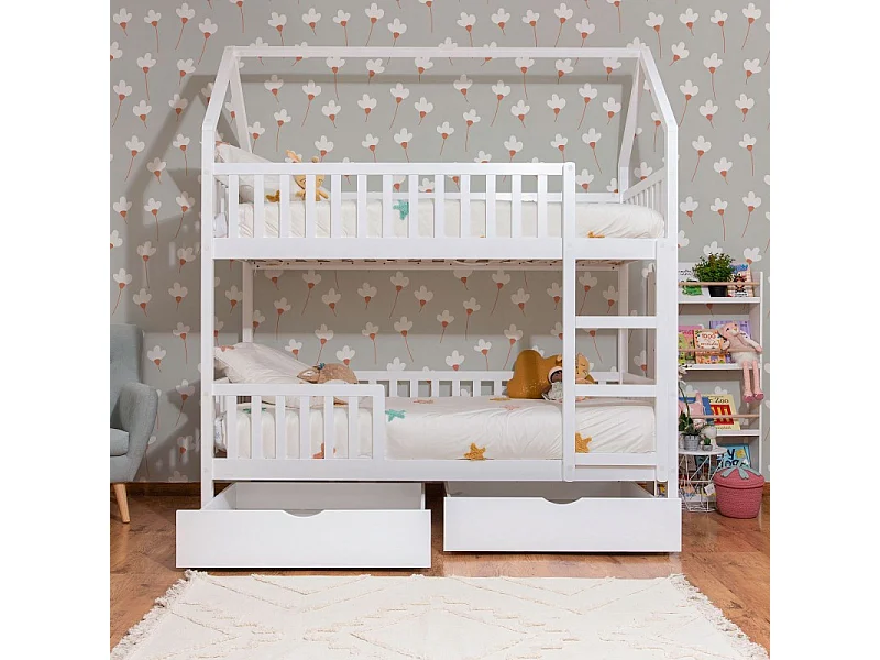 Huisjesstapelbed + onderschuifbed hout wit 90x190/90x190cm