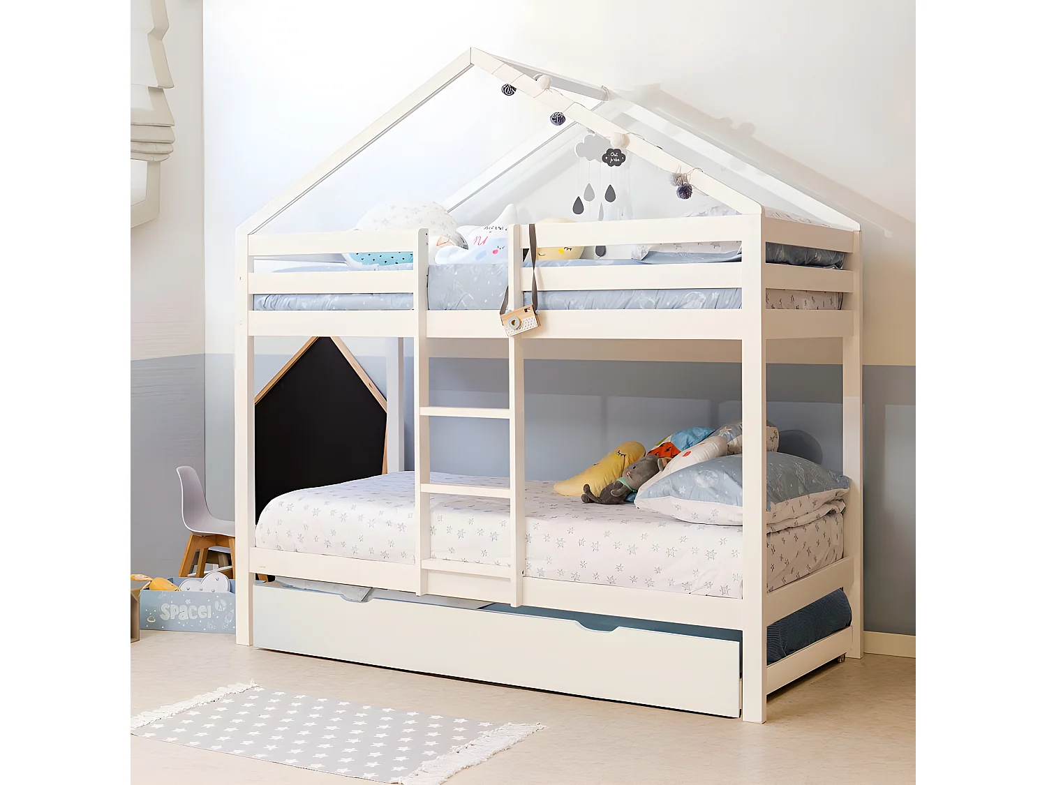 Etagenbett Häuschen + Ausziehbett Holz weiß 90x190/90x190cm