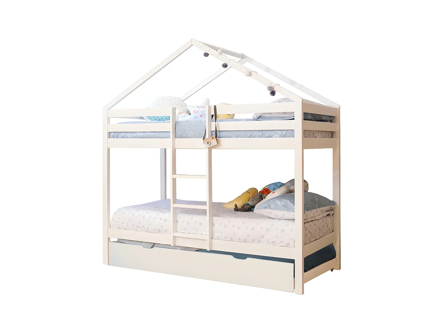 Lit superposé cabane + lit tiroir bois blanc 90x190/90x190cm