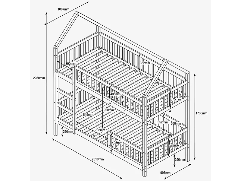 Lit superposé cabane + tiroir de rangement bois blanc 90x190/90x190cm