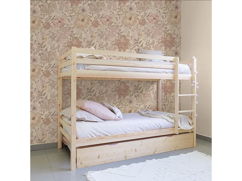 Etagenbett + Ausziehbett Holz weiß gewaschen 90x190cm